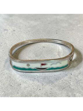 Vintage Sterling Silver Nautical Inlay Bracelet With Turquoise & Enamel Design M